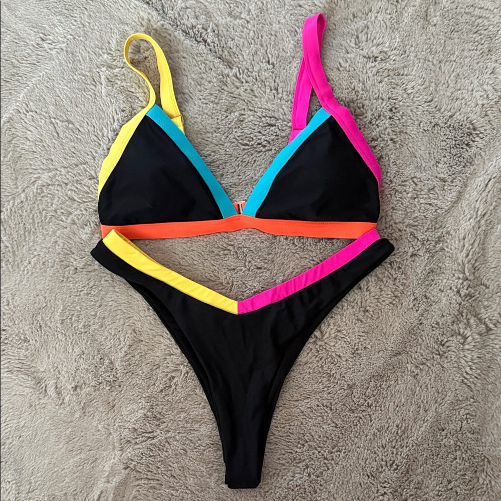 Shein Triangle Cheeky Brazilian Itsy Bikini Black Neon Pink Yellow Orange Blue